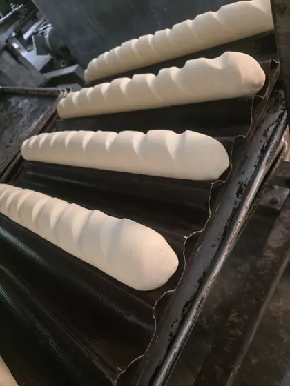 Masa de pan formada en bandejas antes de hornear